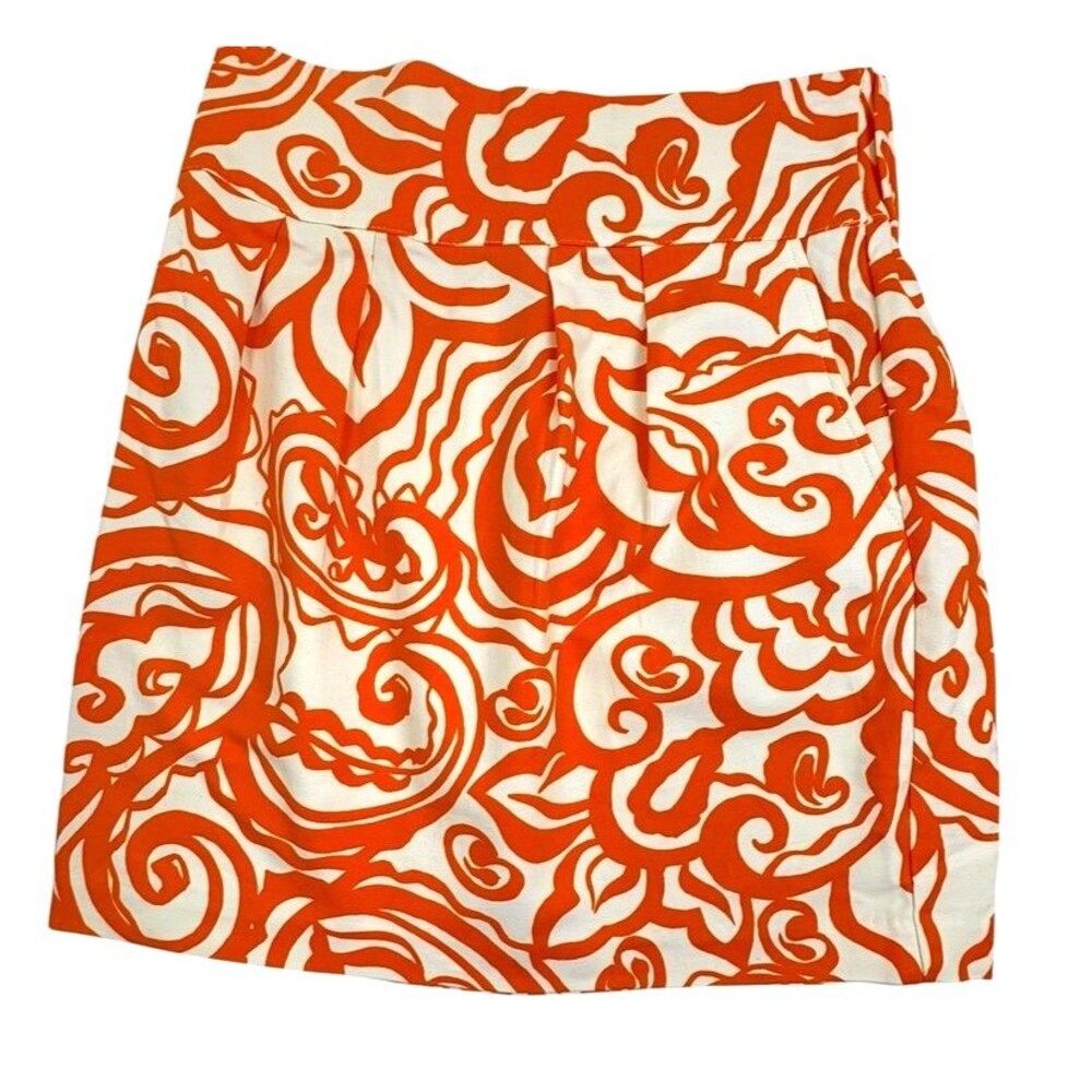 Merona Box Pleat Pencil Skirt Orange Abstract Pockets Straight Cotton Stretch XS